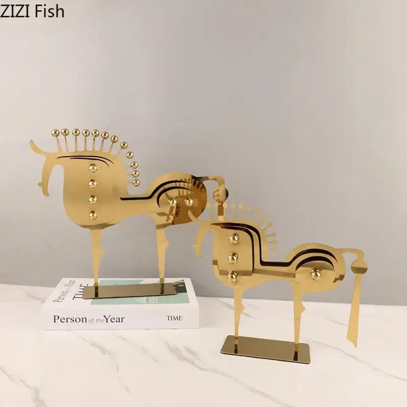 Modern golden horse metal sculpture with decorative spherical accents for living room desk decor by decorbites golden horse