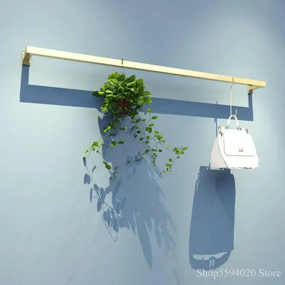 A modern golden iron ladder shelf with light wood finish holds a hanging green plant and white handbag for decorbites