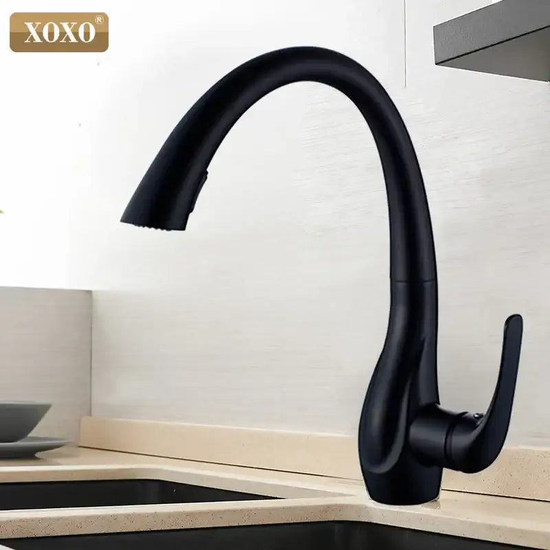 Modern golden kitchen faucet with pull out single handle spray head and black matte xoxo brand single handle spout