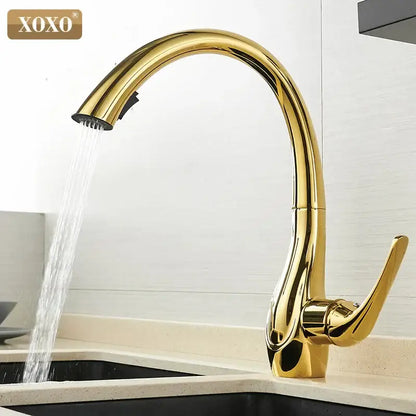 Modern golden kitchen faucet with single handle and pull out spray head by decorbites for sleek kitchen design