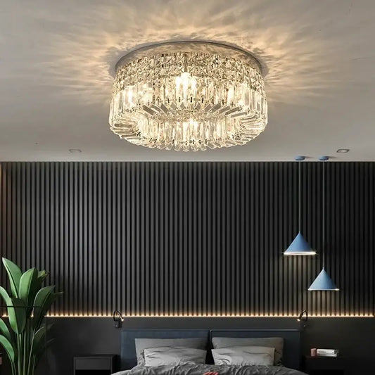 Modern golden led crystal ceiling lamp featuring a circular design with clear faceted glass for living room decorbites golden led