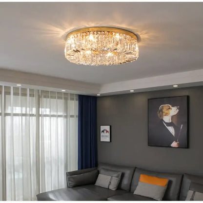 Modern golden led crystal ceiling lamp with a gold-toned frame and faceted crystals for living room decorbites golden led