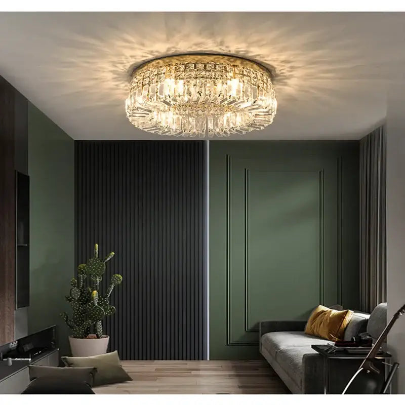 Modern golden led crystal ceiling lamp with a gold-toned frame and faceted glass crystals for living room decorbites golden led