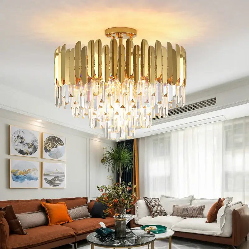 Modern golden led crystal ceiling light featuring gold-toned chandelier with metallic slats and cascading prisms