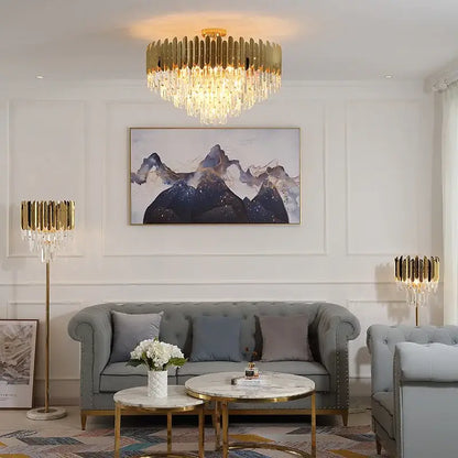 Modern golden led crystal ceiling light featuring a gold-toned chandelier with cascading crystal prisms for luxury decorbites golden led decor