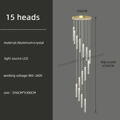 Modern golden led crystal chandelier with 15 heads gold-toned base aluminum rods for living room staircase decorbites led crystal