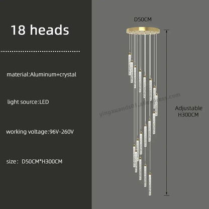Modern golden led crystal chandelier with 18 heads featuring a gold-toned base and aluminum rods for living room decorbites golden led