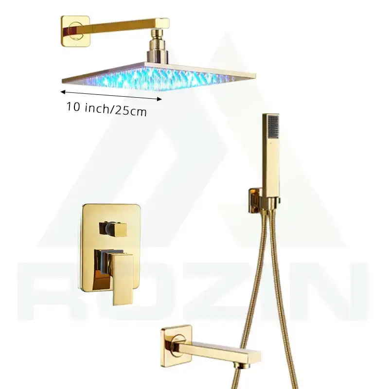 Modern golden led rainfall shower faucet with brass spout featuring 10-inch gold-finished rainhead with blue led lighting decorbites golden led