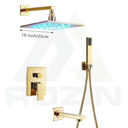 Modern golden led rainfall shower faucet with brass spout featuring 10-inch gold-finished rainhead with blue led lighting decorbites golden led