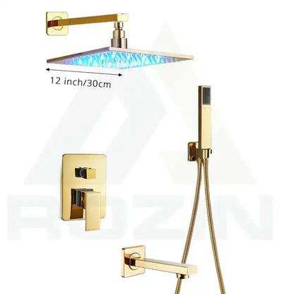 Modern golden led rainfall shower faucet with gold-finished brass spout 12-inch square rain shower head with blue led lighting decorbites golden led