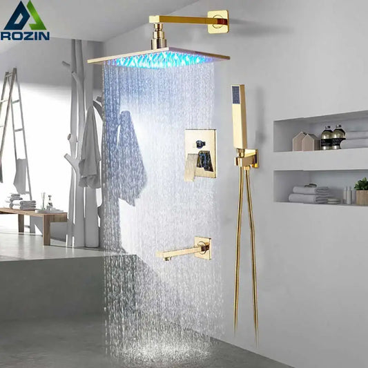 Modern golden led rainfall shower faucet with brass spout featuring gold-finished rozin brand rainfall shower head and blue led lighting decorbites golden led