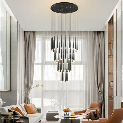 Black modern led tapered chandelier with slender rods and circular fixture perfect for decorbites golden led lighting