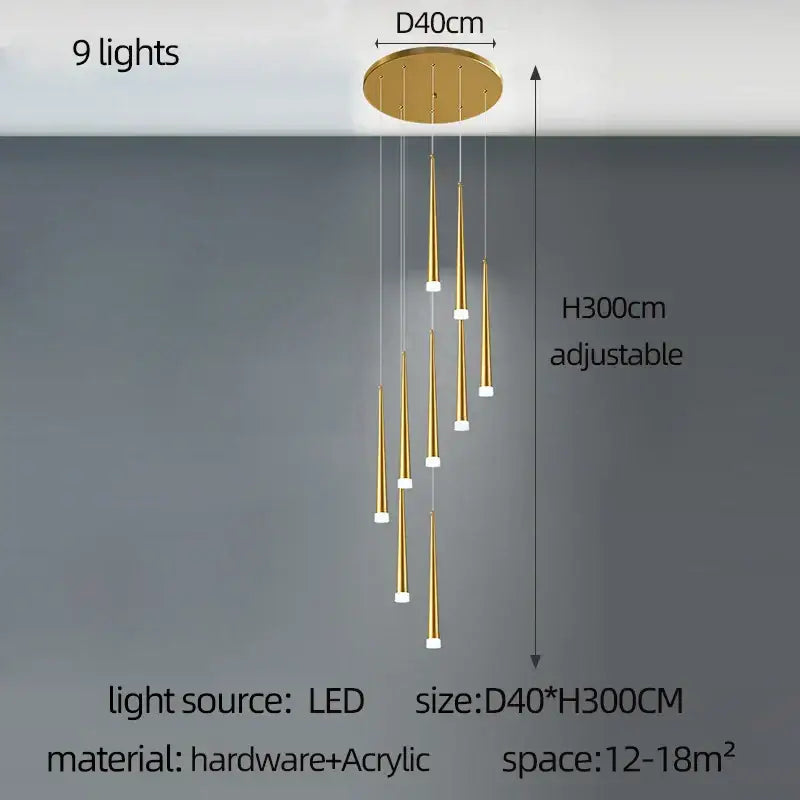 Modern golden led tapered chandelier with nine acrylic lights suspended from circular base for living room decorbites golden led