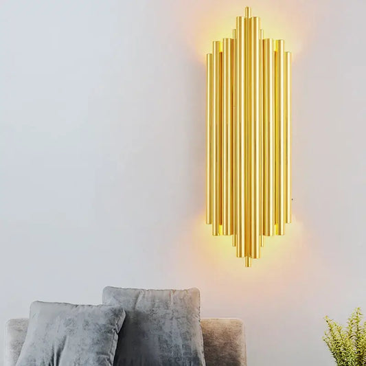 Modern golden led tube wall sconce with vertical metallic tubes in a symmetrical radiating pattern for living room decorbites golden led
