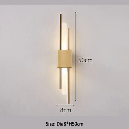 Modern golden led wall lamp with sleek gold-toned rods and frosted glass panels for bedroom ambient lighting decorbites golden led
