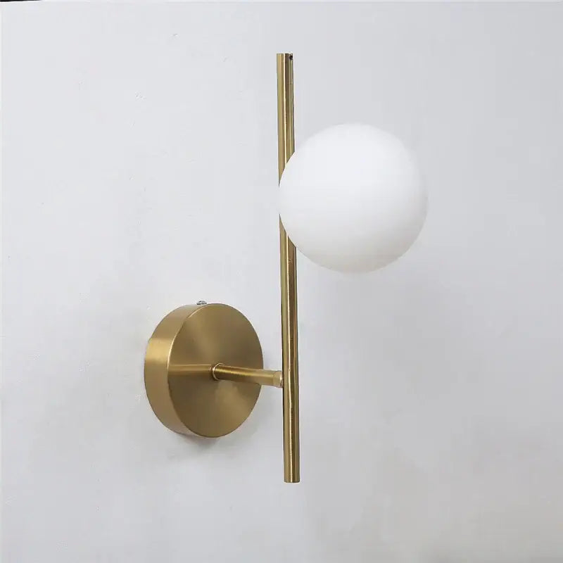 Modern golden led wall lights featuring a gold-toned sleek rod and frosted milky glass sphere for bedroom decorbites golden led wall
