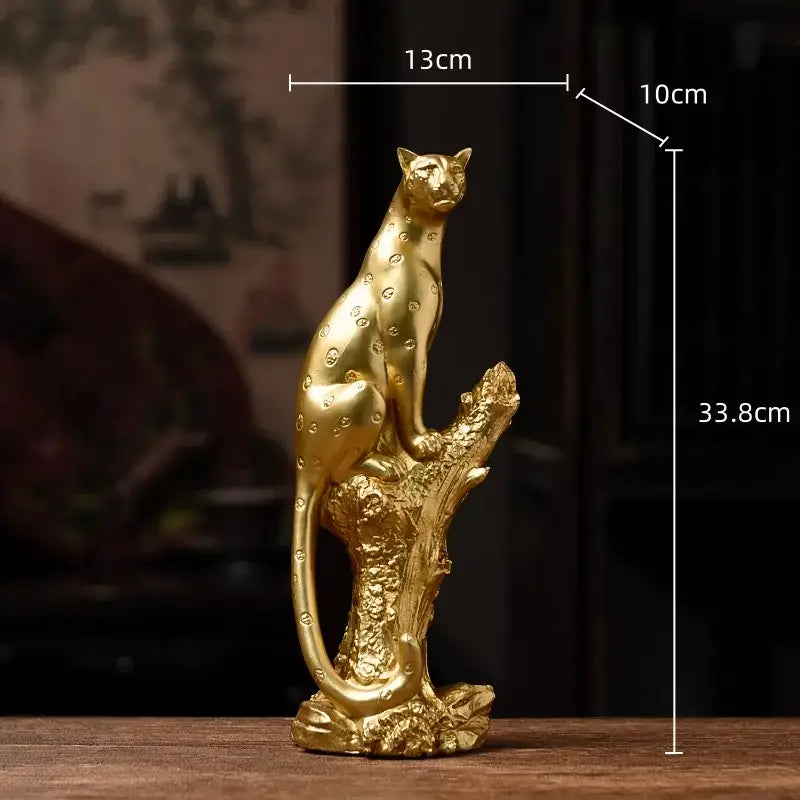 Modern golden leopard resin sculpture featuring detailed spotted pattern on textured tree stump base for living room decorbites decor
