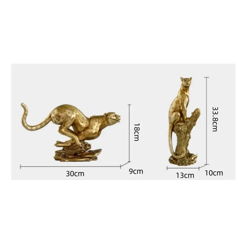 Modern golden leopard resin cheetah decor featuring figurines in mid-stride and perched on a branch for living room display