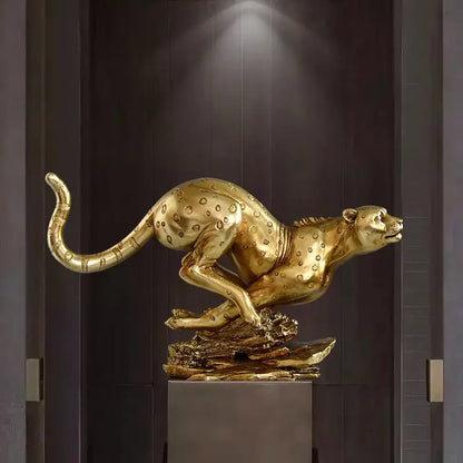 Modern golden leopard resin cheetah sculpture with detailed spotted pattern and dynamic pose for living room decorbites decor