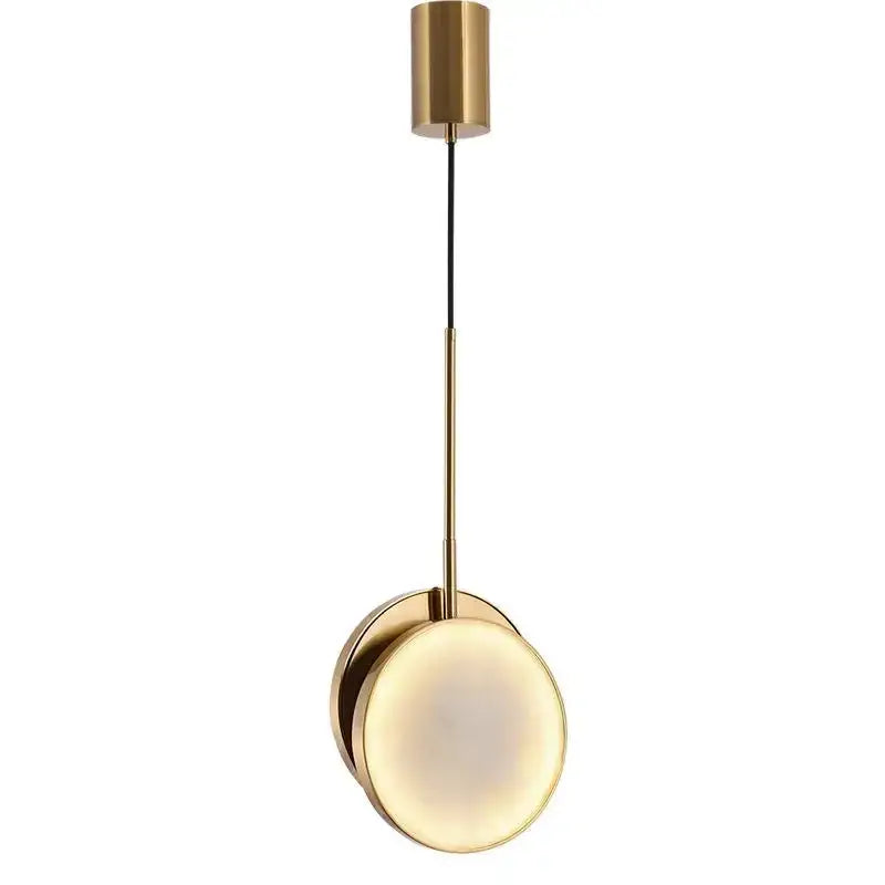 Modern golden marble led pendant light with brass cylindrical top and glowing circular glass shade for bedroom decorbites golden marble