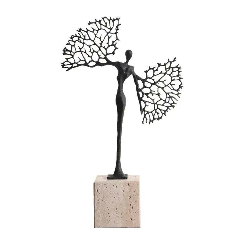 Black metal slim abstract figure sculpture with intricate branching wings for decorbites golden metal abstract decor