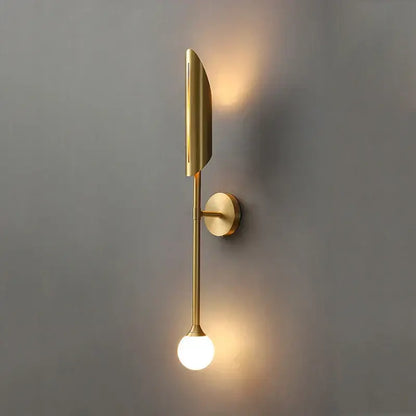 Modern golden metal glass wall lamp with sleek elongated leaf-shaped shade and spherical bulb for bedroom decorbites golden metal