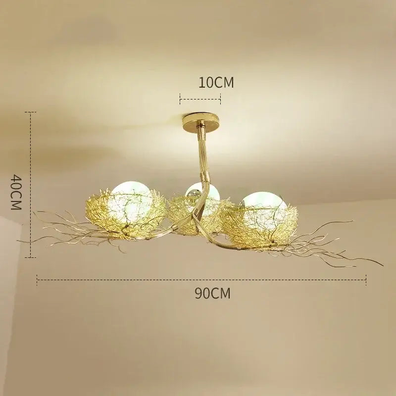 Modern golden nest glass led ceiling lamp with three intricately woven shades for living room decor ceiling lamp