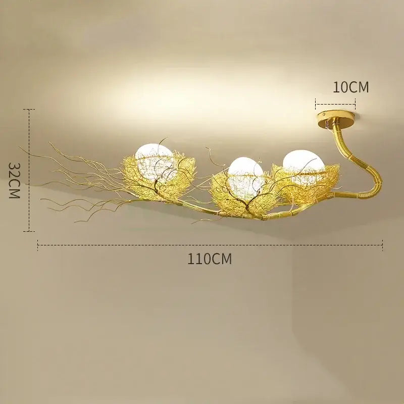 Modern golden nest glass led ceiling lamp with three spherical bulbs in woven wire nests for living room decor