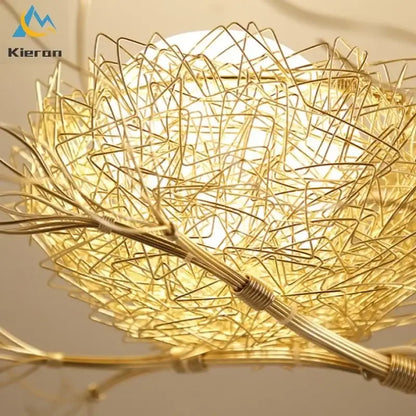 Modern golden nest glass led ceiling lamp featuring an intricate tangled wire design for living room decor