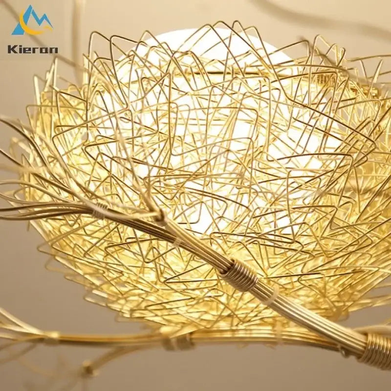 Modern golden nest glass led ceiling lamp featuring an intricate tangled wire design for living room decor