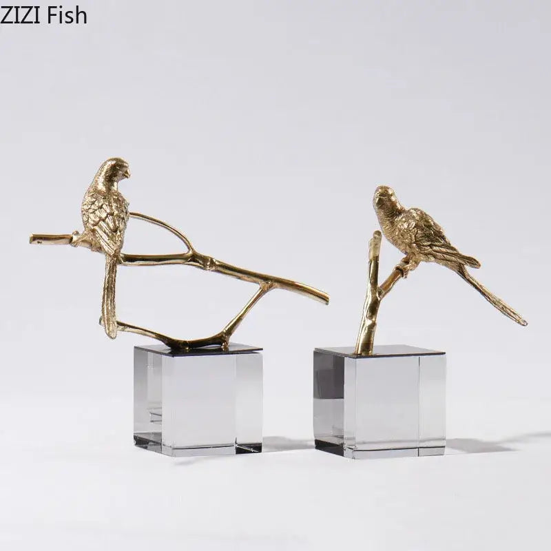 Modern golden parrot bird statue with crystal base decorbites copper bird figurines for living room decor