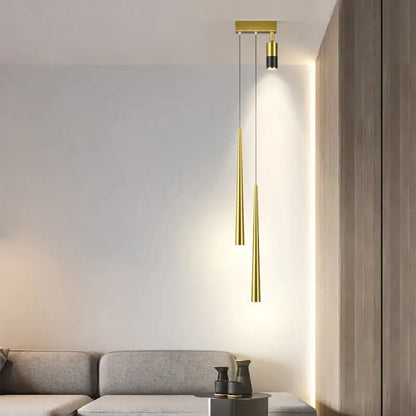Modern decorbites golden pendant chandelier with sleek cylindrical gold-toned shades for living room lighting