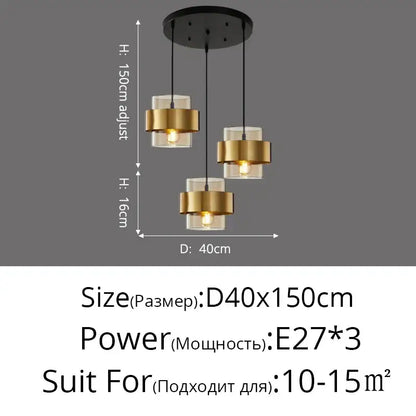 Modern golden pendant lights featuring three clear glass shades and gold-finished metal rings for bedroom decorbites decor
