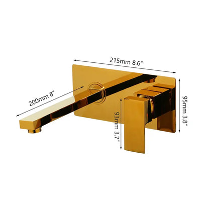 Modern golden polished wall mount faucet with sleek rectangular design and two square handles for bathroom decorbites golden polished use
