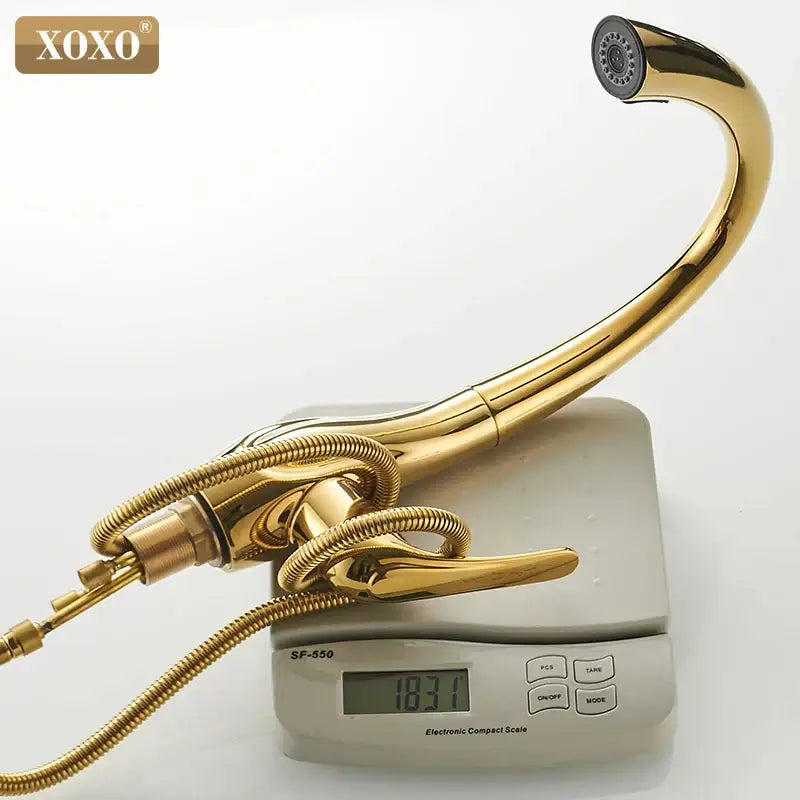 Modern golden pull out kitchen faucet decorbites golden pull with gold finish curved spout and flexible hose mixer tap