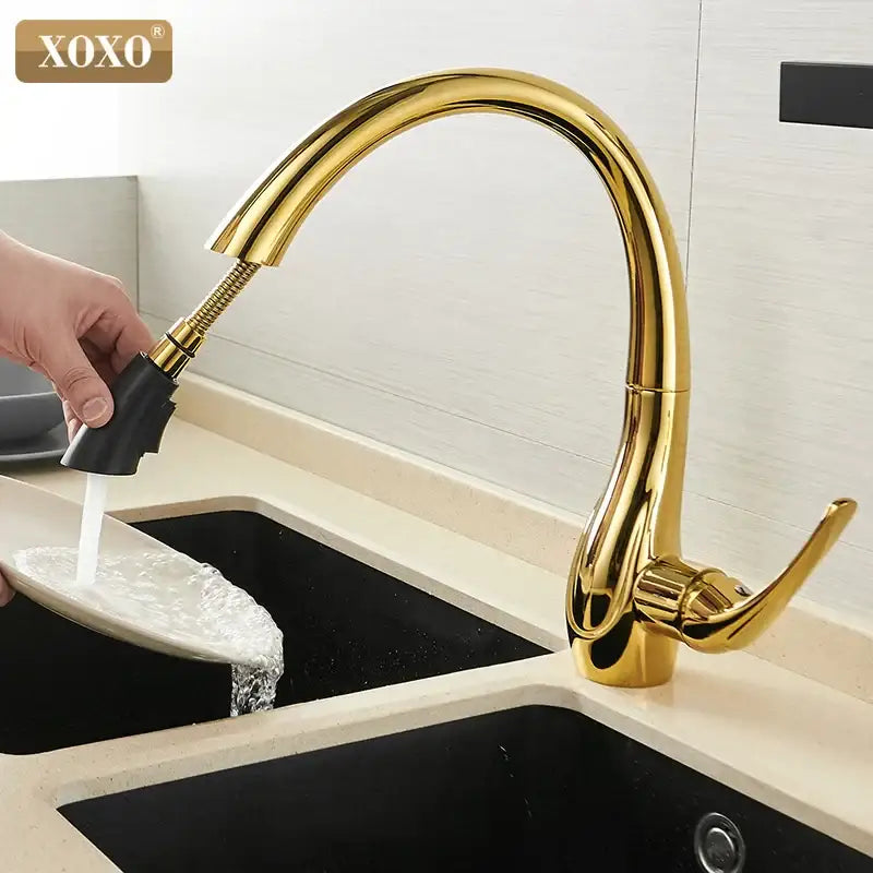 Modern decorbites golden pull kitchen faucet with sleek curved spout and extendable pull-out spray head in chrome finish