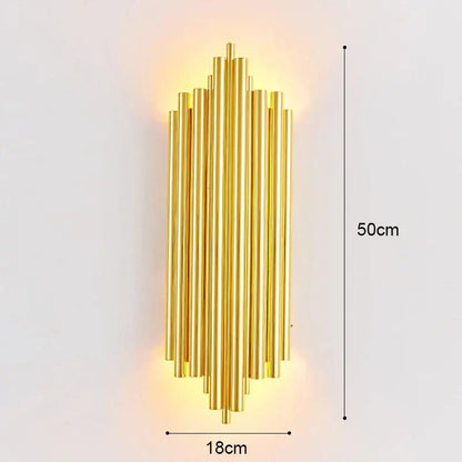 Modern golden radiant led wall lamp with vertical cylindrical brass rods design for bedroom decorbites led wall sconce