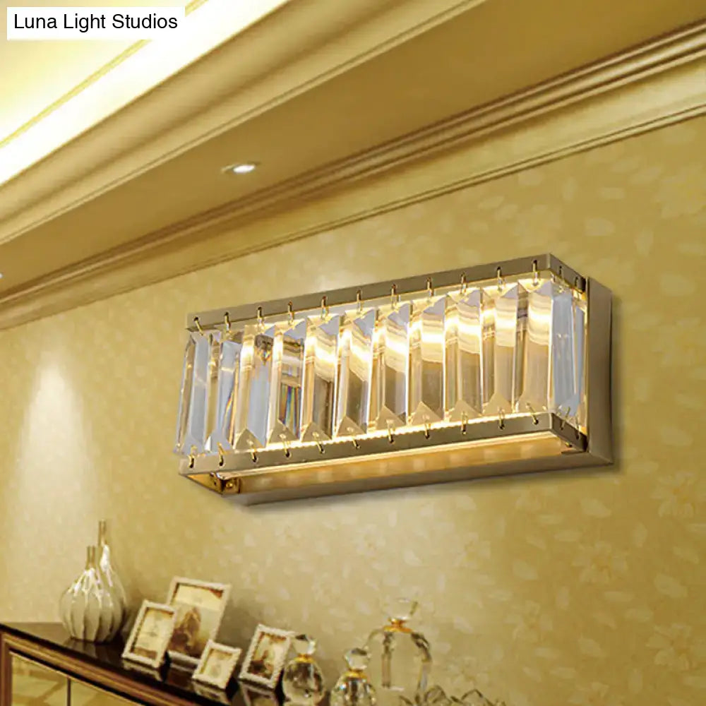 Modern golden rectangle led wall sconce with a polished chrome frame and clear faceted crystal bars wall-mounted light fixture
