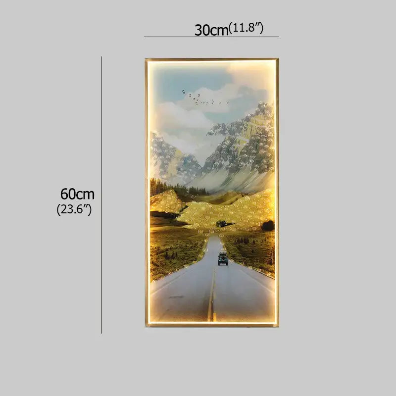 Modern golden scenic mountain wall sconces featuring a framed winding road landscape with warm backlighting for living room decorbites boat figure led