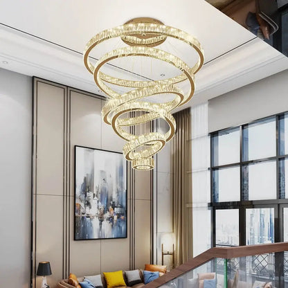 Modern golden spiral crystal round chandelier with crystal accents by decorbites for staircase pendant lighting decorbites crystal round