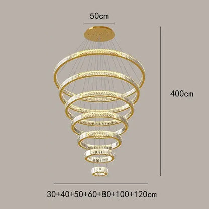 Modern golden spiral crystal round chandelier with multiple concentric rings adorned with sparkling decorbites crystal round details