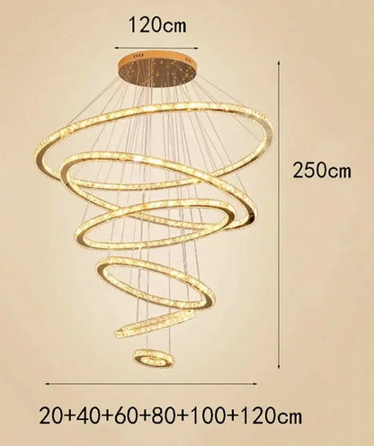 Modern golden spiral crystal stair chandelier with multiple glowing rings and circular ceiling mount for living room lighting