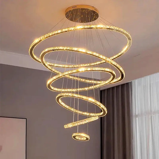 Modern golden spiral crystal stair chandelier with crystal-encrusted rings and warm led lighting for living room