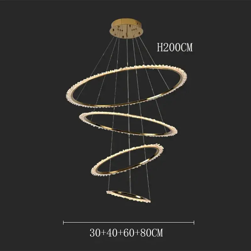 Modern golden spiral decorbites crystal chandelier with three concentric rings and sparkling crystal accents for living room light