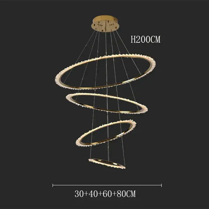 Modern golden spiral decorbites crystal chandelier with three concentric rings and sparkling crystal accents for living room light