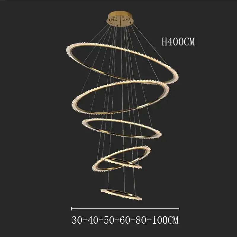 Modern golden spiral decorbites crystal chandelier with concentric rings and embedded crystals for living room light