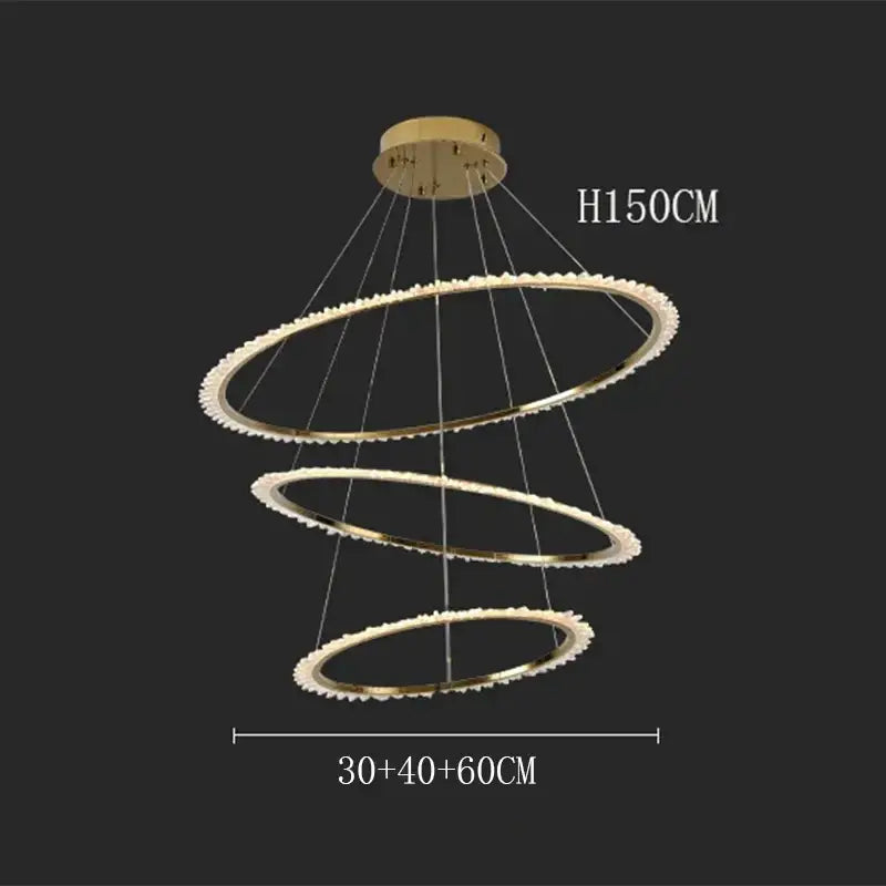Modern golden spiral decorbites crystal chandelier with three concentric rings and sparkling crystal accents for living room light