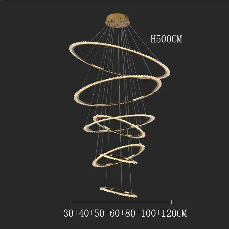 Modern golden spiral decorbites crystal chandelier with concentric rings and embedded crystals for living room light