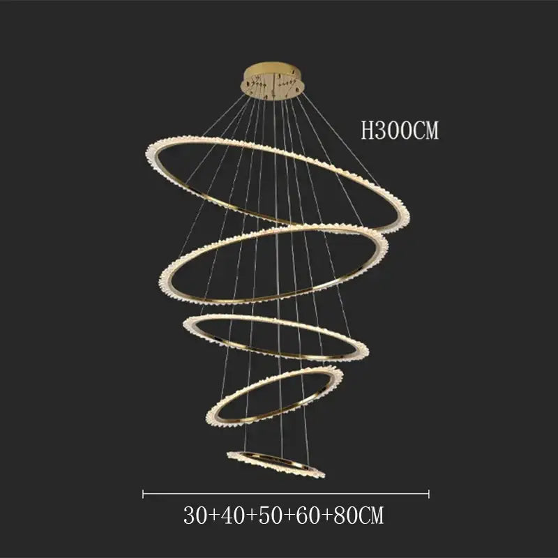 Modern golden spiral decorbites crystal chandelier with five concentric rings and embedded crystals for living room light
