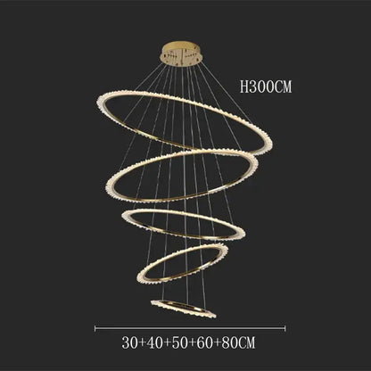 Modern golden spiral decorbites crystal chandelier with five concentric rings and embedded crystals for living room light